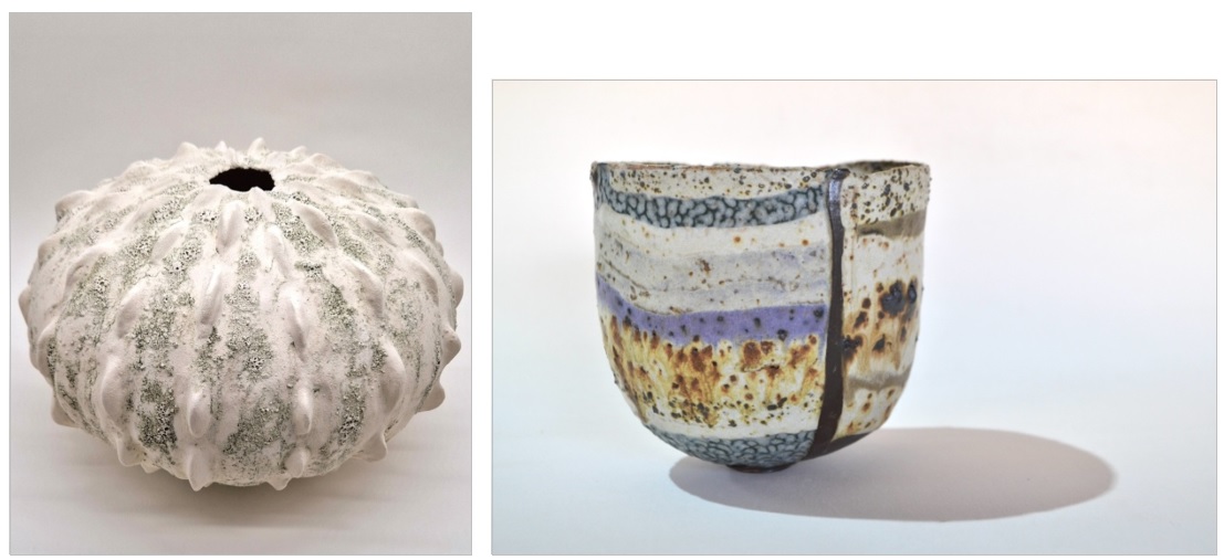 Αριστερά: Jermyn Jane – Pod 2024 Δεξιά: Γιώργος Βαβάτσης- Mineral Diaries#coiling, stoneware, mixed with mineral, colored clay 1240C